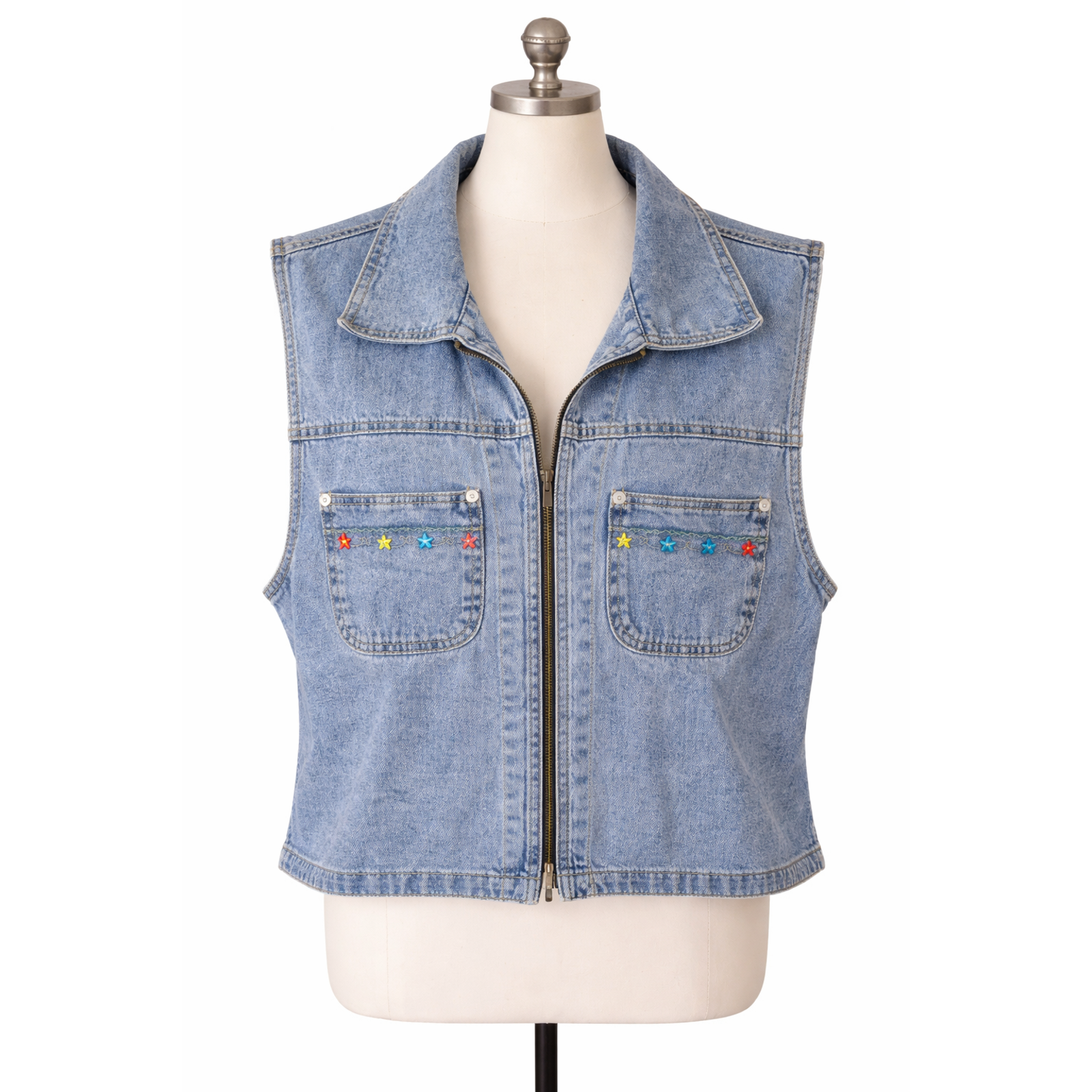 Vintage 90s Denim Zip Vest Embroidered Grunge Y2k Western Jlny 1x